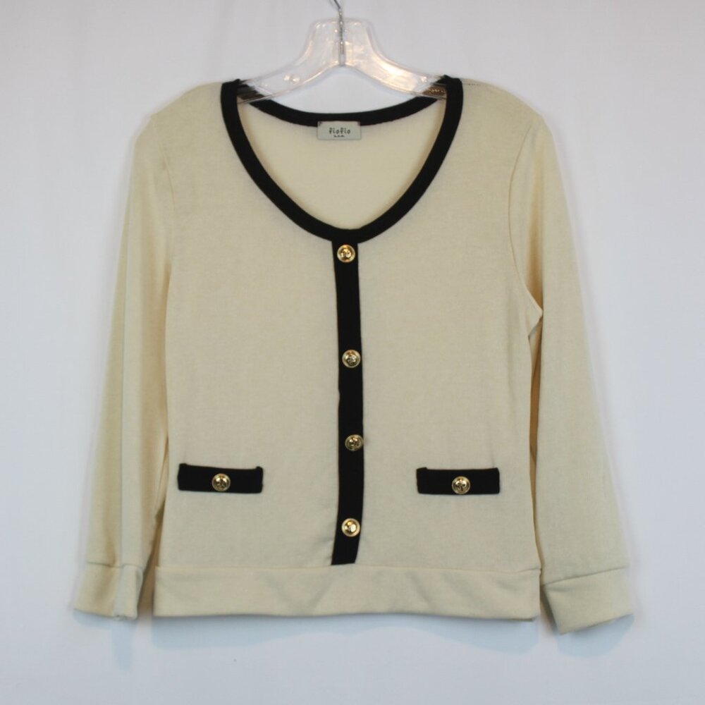 Fiofio Vintage Cream Black Faux Gold Button Light Coquette Sweater